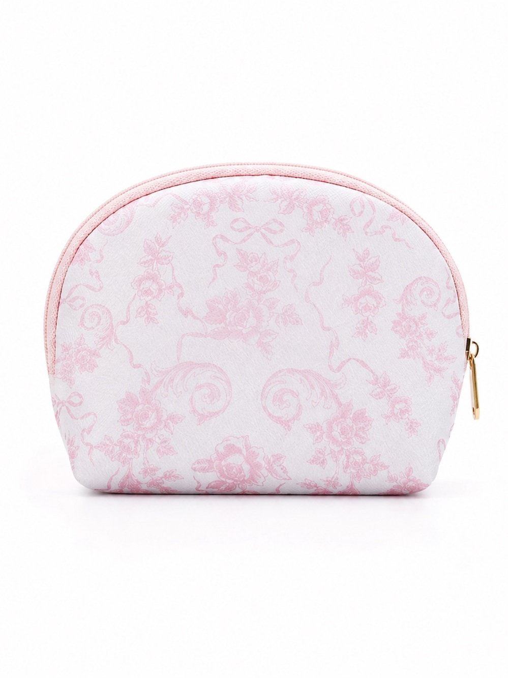 Pink Floral Cosmetic Bag Makeup Pouch Toile Print Travel Zip Case Coquette Style